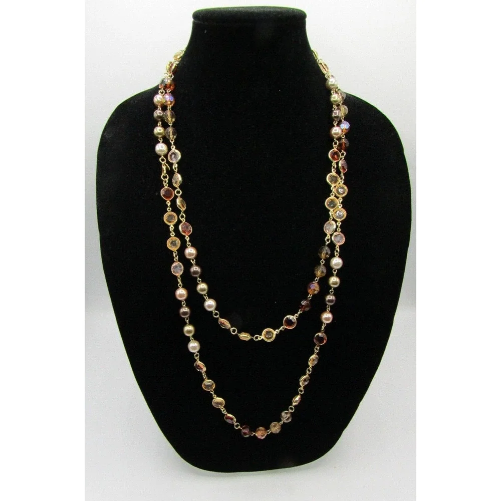 Premier Designs Amber/Citrine Lucite Bezel Beaded Faux Pearl Gold Tone Necklace - Picture 2 of 5